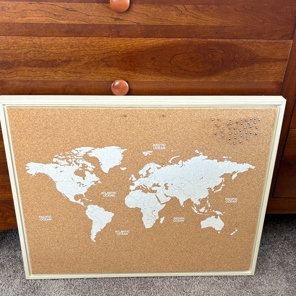 World Map Cork Board with White Detailing